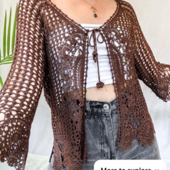 Vintage Y2k Fairy Cottagecore Crochet Knit Brown Open Cardigan OS - Picture 1 of 11